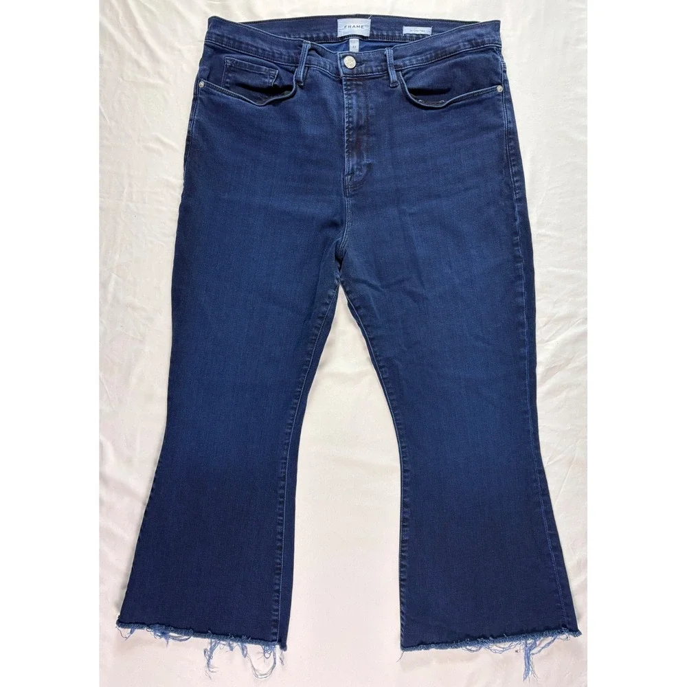 FRAME Le Crop Flare Jeans Women 33 Fiona High Rise Dark Blue Boho Raw Hem Shabby